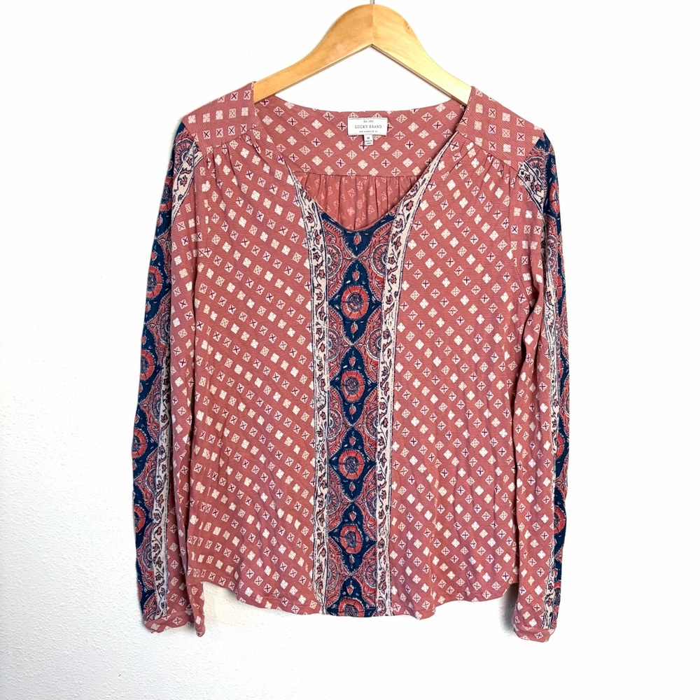 Lucky Brand Pink Blue Geometric Blouse tunic long sleeve sz M boho top stretch